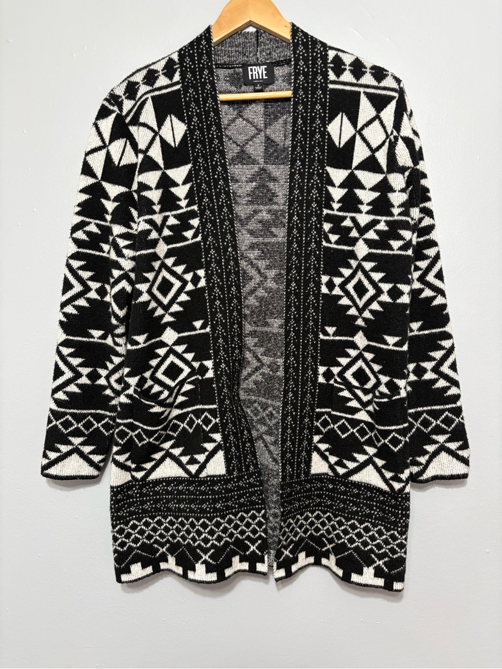 FRYE Black & White Geometric Open-Front Cardigan womens size S